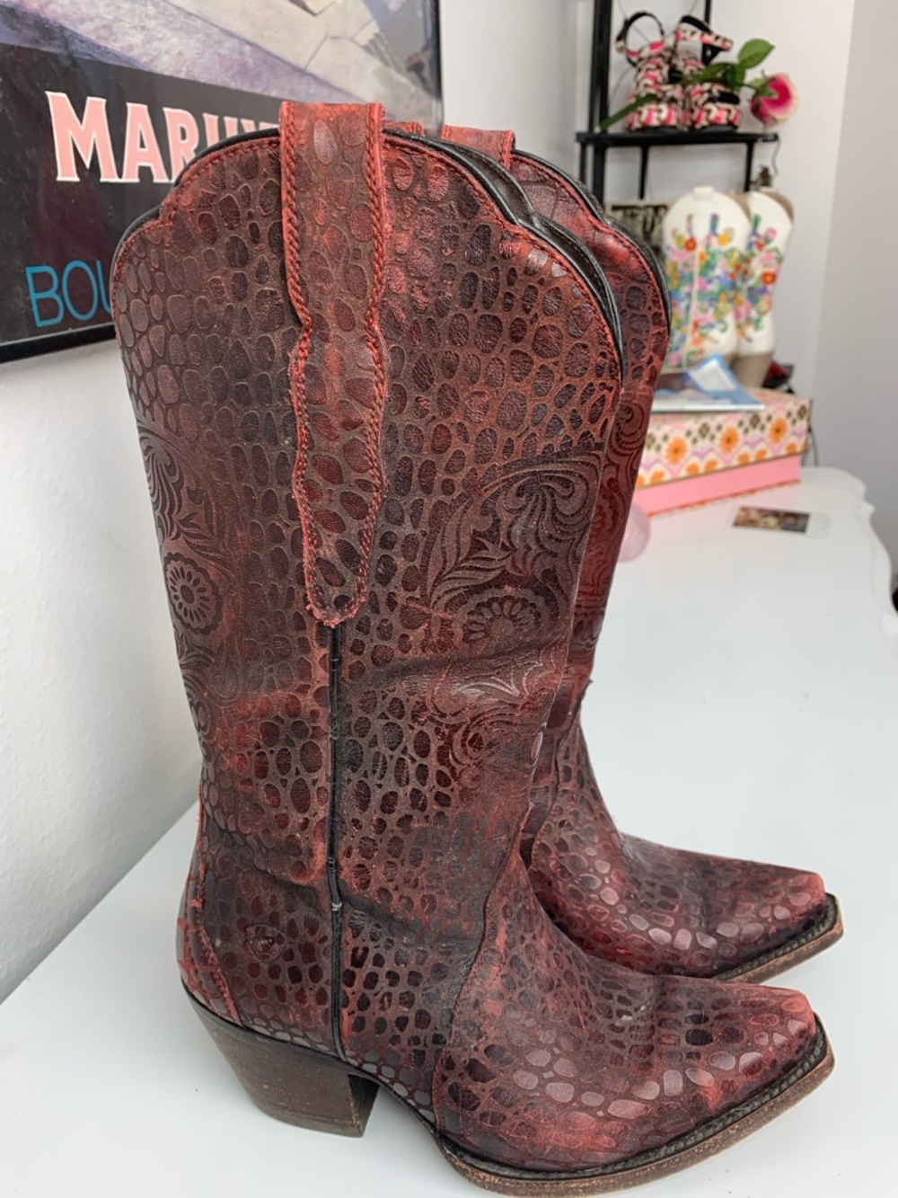 Ariat Catrina  Embossed Red Leather Western Boot - Picture 3 of 7